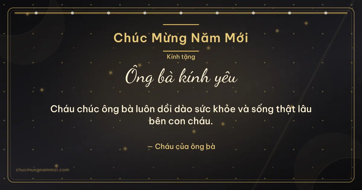 Thiệp Tết cho ông bà: Kim tuyến và chuỗi chấm đón xuân. Cháu chúc ông bà luôn dồi dào sức khỏe… (Bản ngang)