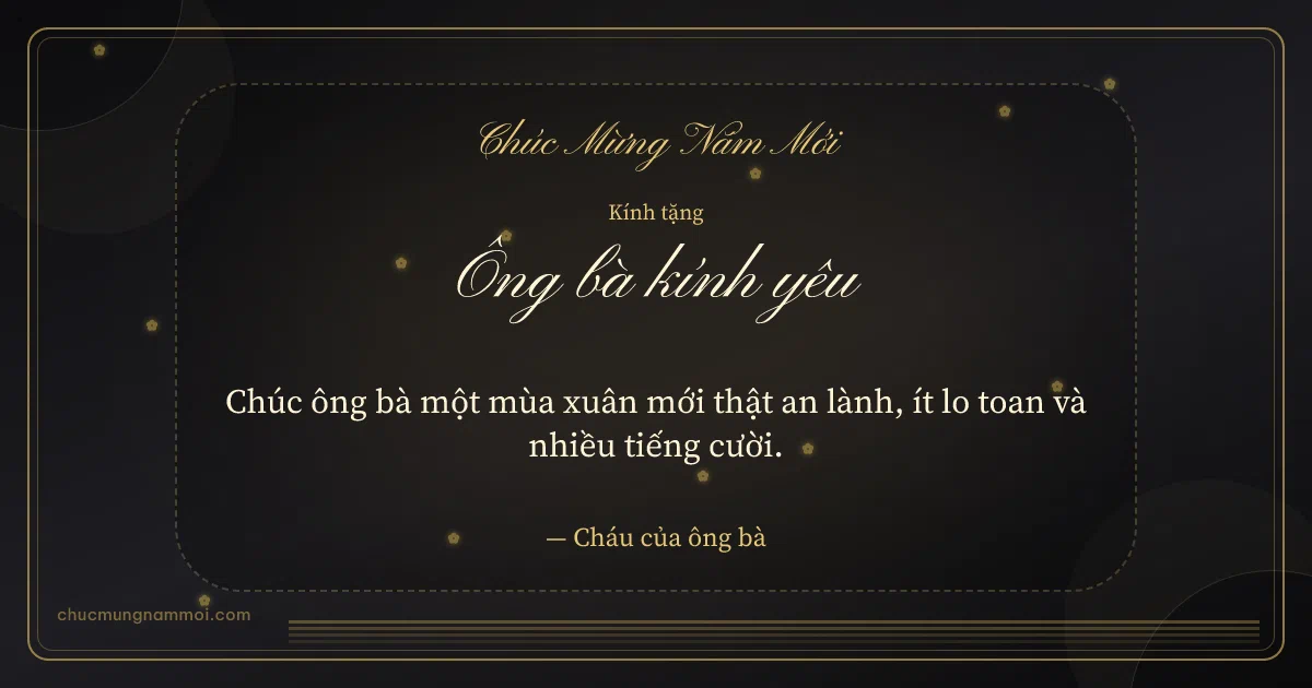 Thiệp Tết cho ông bà: Đen vàng kim cổ truyền. Chúc ông bà một mùa xuân mới thật an lành, ít lo toan… (Bản ngang)