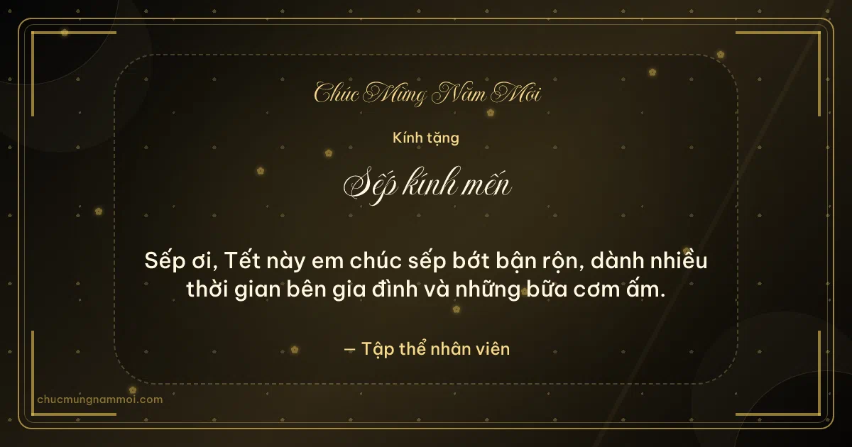 Thiệp cho sếp: Mai vàng ngày Tết trên nền đen ánh kim. Sếp ơi, Tết này em chúc sếp bớt bận rộn… (Bản ngang)