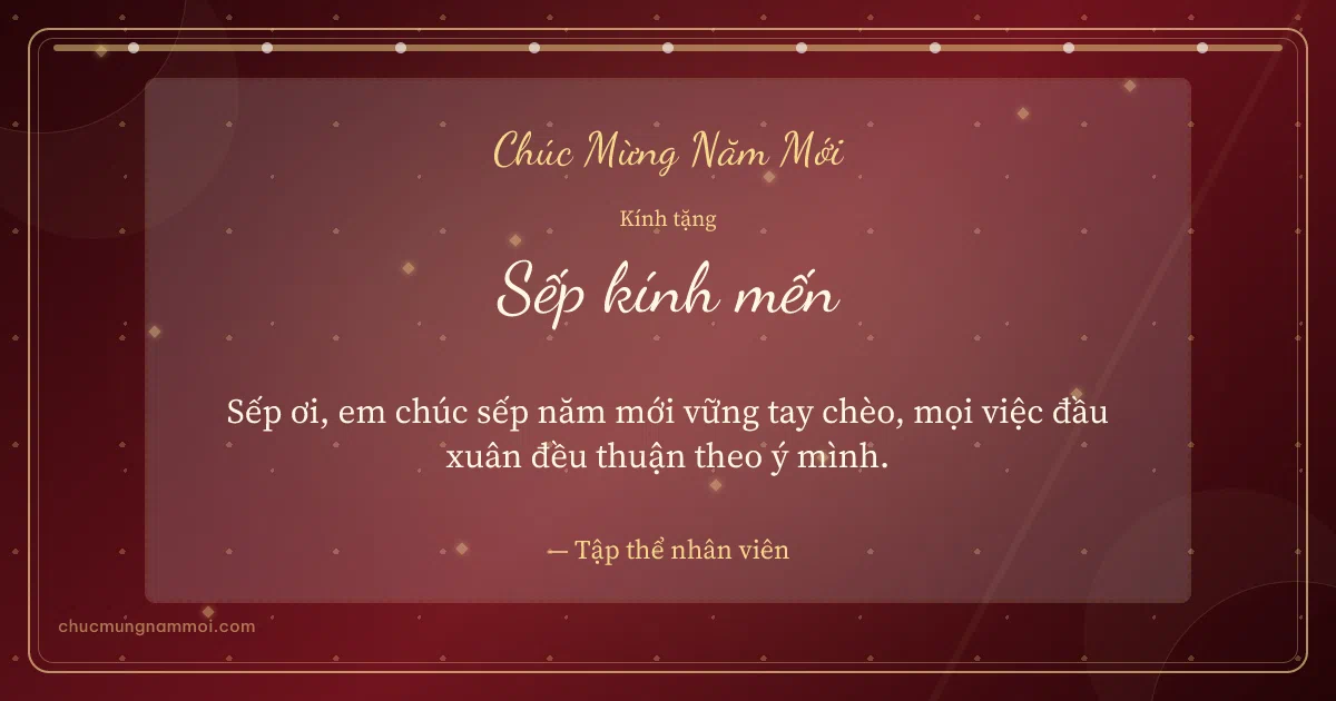 Thiệp Tết cho sếp: Kim tuyến và chuỗi chấm trên nền đỏ son. Sếp ơi, em chúc sếp năm mới vững tay chèo… (Bản ngang)