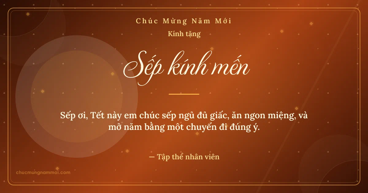Thiệp Tết cho sếp: Kim tuyến và vòng tròn lớn trên nền cam hoàng hôn. Sếp ơi, Tết này em chúc sếp ngủ đủ giấc, ăn ngon miệng… (Bản ngang)