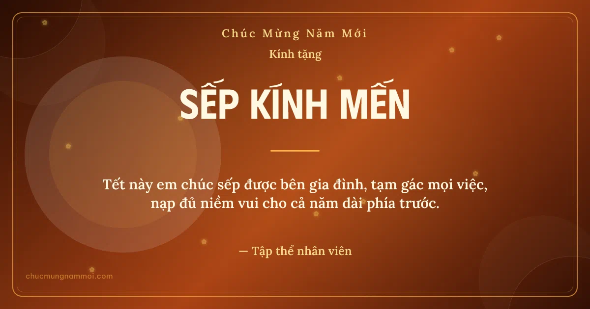 Thiệp Tết cho sếp: Mai vàng và vòng tròn lớn trên nền cam hoàng hôn. Tết này em chúc sếp được bên gia đình, tạm gác mọi việc… (Bản ngang)