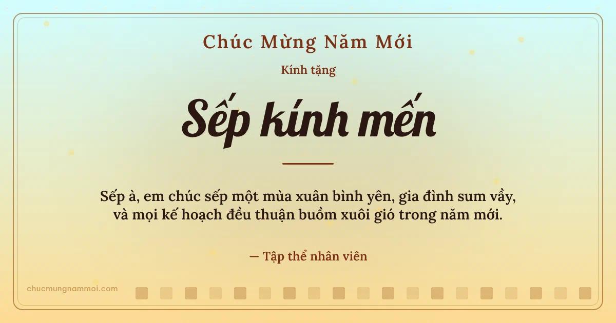 Thiệp Tết cho sếp: Mai vàng và ô vuông nhỏ trên nền vàng nhạt. Sếp à, em chúc sếp một mùa xuân bình yên, gia đình sum vầy… (Bản ngang)
