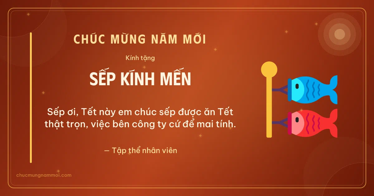 Thiệp Tết cho sếp: Cá chép trên nền đỏ gấc. Sếp ơi, Tết này em chúc sếp được ăn Tết thật trọn… (Bản ngang)