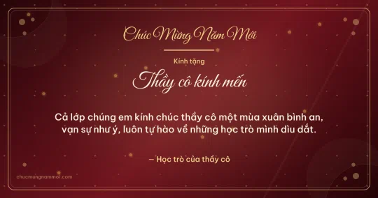 Thiệp Tết cho thầy cô: Mai vàng và chấm nhỏ trên nền đỏ son