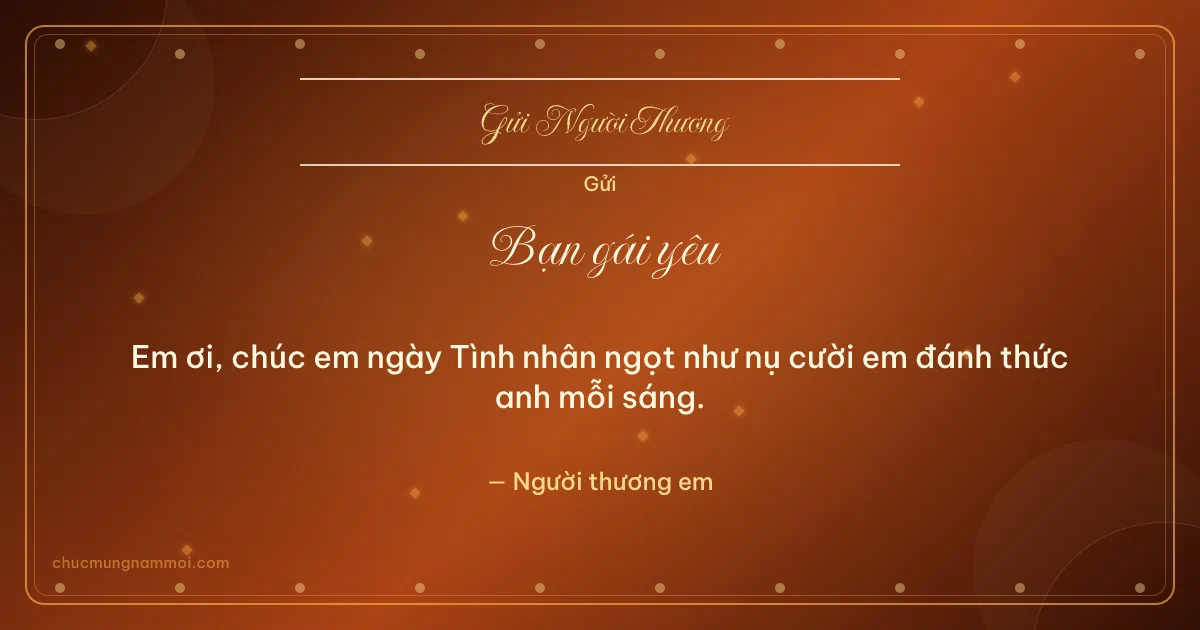 Thiệp ngày Tình nhân cho bạn gái: Kim tuyến ngày lễ tình nhân trên nền cam hoàng hôn. Em ơi, chúc em ngày Tình nhân ngọt… (Bản ngang)